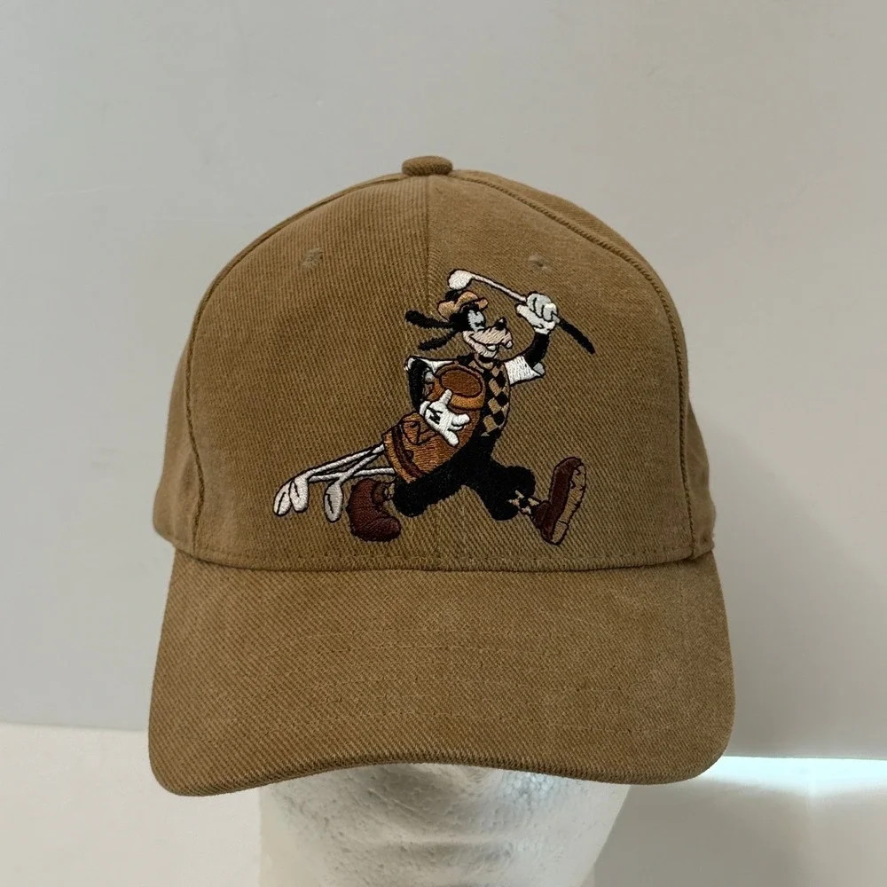 Vintage Disney Goofy Golf Hat Tan Twill Adjustable Leather Strap Baseball Cap